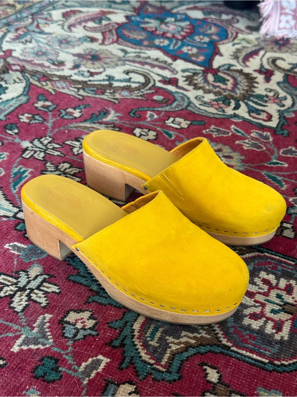 Charlotte Stone Yellow Suede Wood-Heel Clogs - Picture 2 of 5